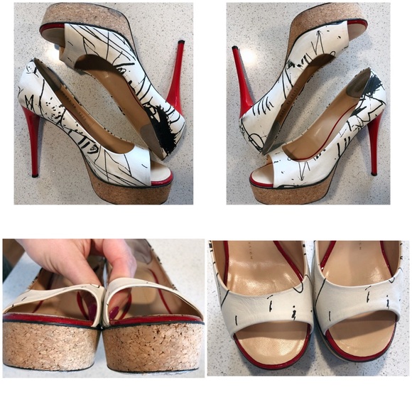 Giuseppe Zanotti White Black Peep Toe Cork SZ 38 8 - Picture 7 of 8